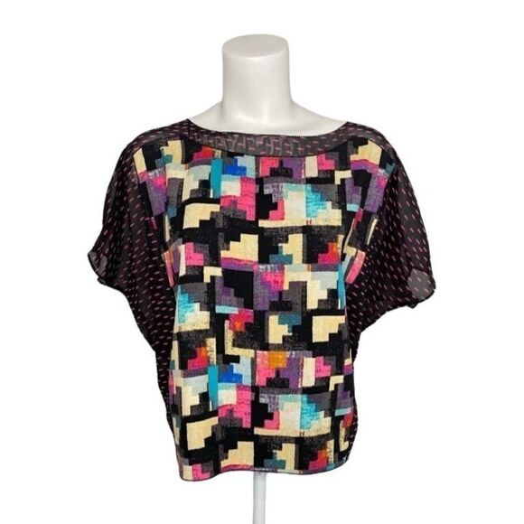 RACHEL ROY Black Dash Abstract Boat Neck Dolman Sleeve Chiffon‎ Top Sz XS - Picture 1 of 8